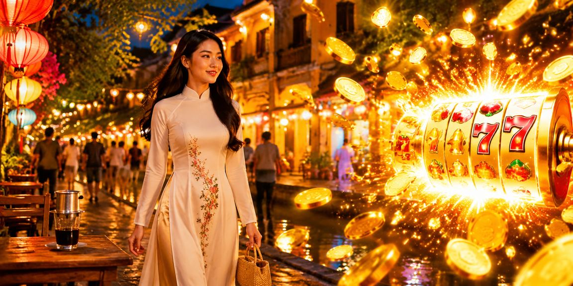 Người chơi tại Hội An thưởng thức slot game trực tuyến bên tách cà phê buổi sáng